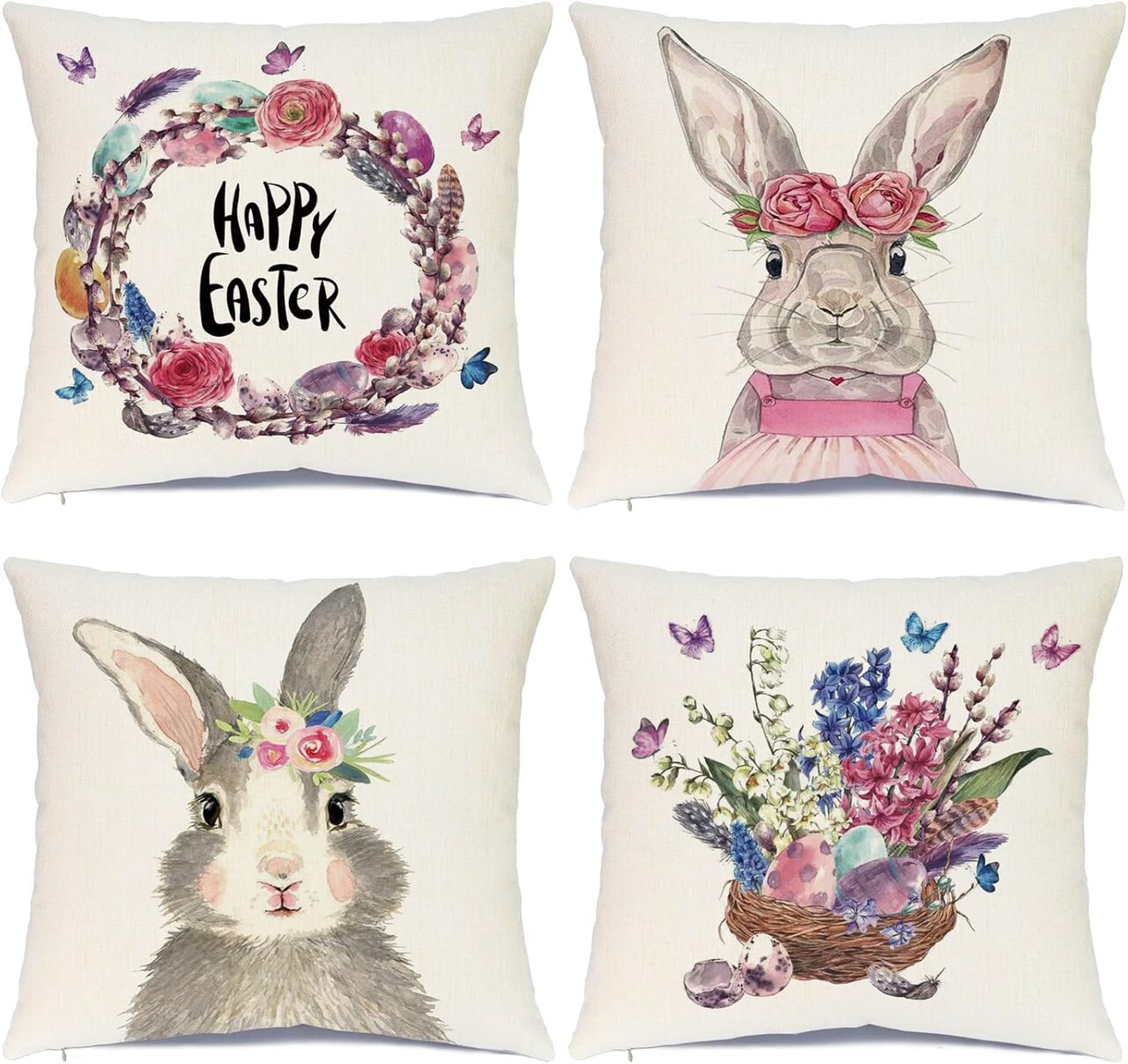 Easter Pillow Covers 18x18 Set of 4 Easter Pillow Case Rabbit Bunnies with Eggs Canvas